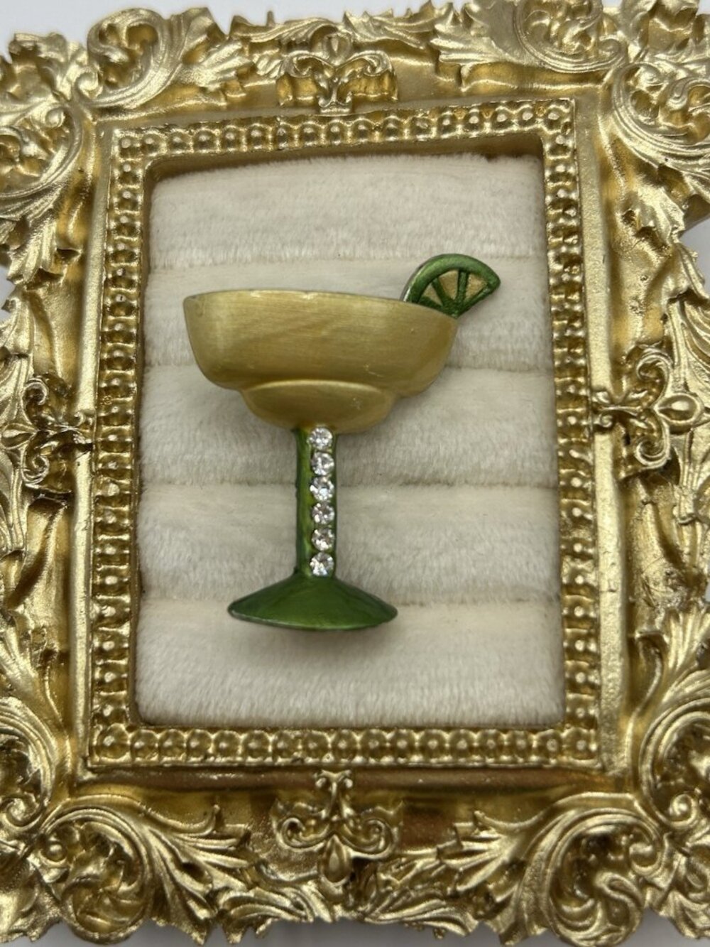 Vintage Margarita Cocktail Brooch Pin Enamel Rhinestone Lime Drink Barware Gift - Picture 2 of 9
